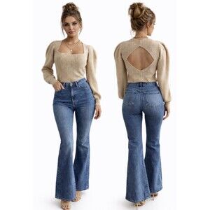 ASTR The Label Beige Ribbed Square Neck Open Back Puff Sleeve Top M